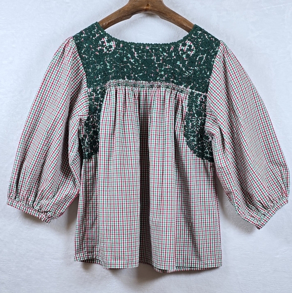 Mi Golondrina Peasant Blouse Crochet Yoke Gingham Artisan Puff Sleeve Top Sz.M - Picture 2 of 11